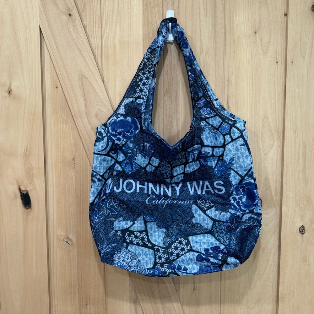 Johnny Was Reusable Nylon Shopping Tote Blue Floral Patchwork